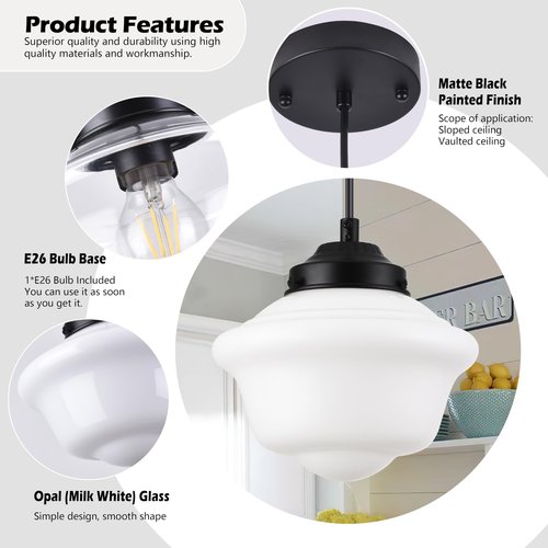 AyshwillDec Black Schoolhouse Light Fixture 8" Milk Glass Pendant Light Schoolhouse Pendant Light Milk Glass Light Fixture Mid Century Pendant Light for Bedroom Bathroom Kitchen Hallway (Bulb Incl.)