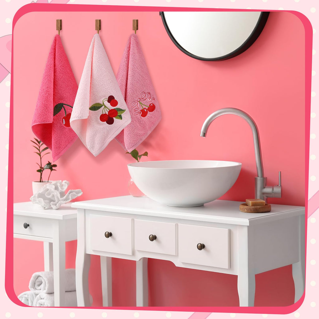 Tingjoo 3 Pcs Cherry Hand Towels 14x29 Inch Spring Summer Pink Preppy Bow Cherries Bathroom Decor Cotton Embroidered Soft Absorbent Towels for Bathroom Kitchen