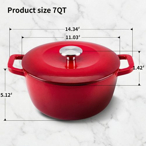 WOKINS 7QT Enamel Cast Iron Dutch Oven with Lid,Dual Handles,Versatile Heavy-Duty Non-toxic Cookware for Sourdough Bread Baking,Braising,Stews,Roasting,Oven Safe up to 500°F red