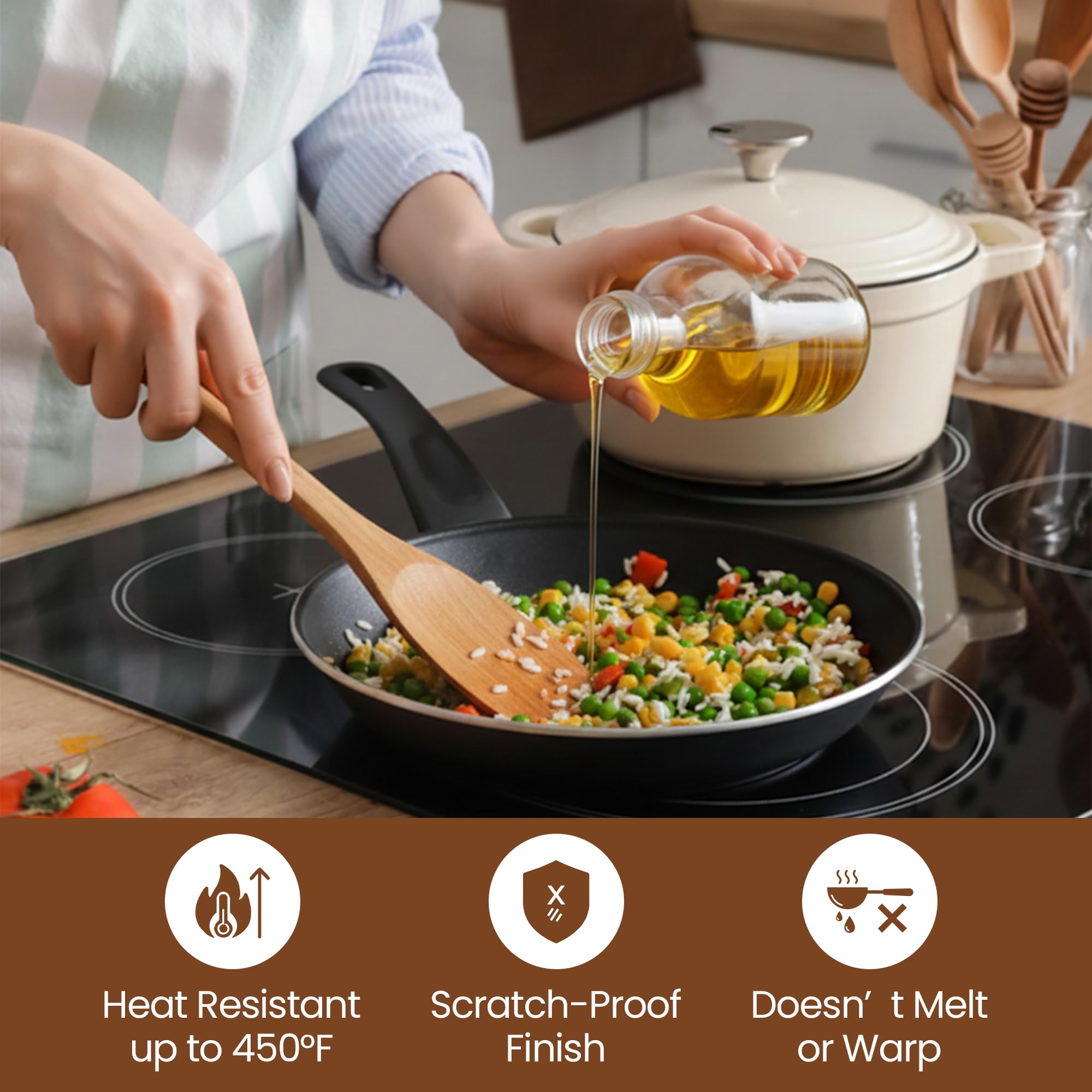 TEGH Wooden Cooking Utensils Set – 3-Piece Teak Wood Spoons and Spatula Set with Holder for Cooking – Durable Non-Toxic Eco-Friendly Wood Kitchen Utensils for Nonstick Cookware