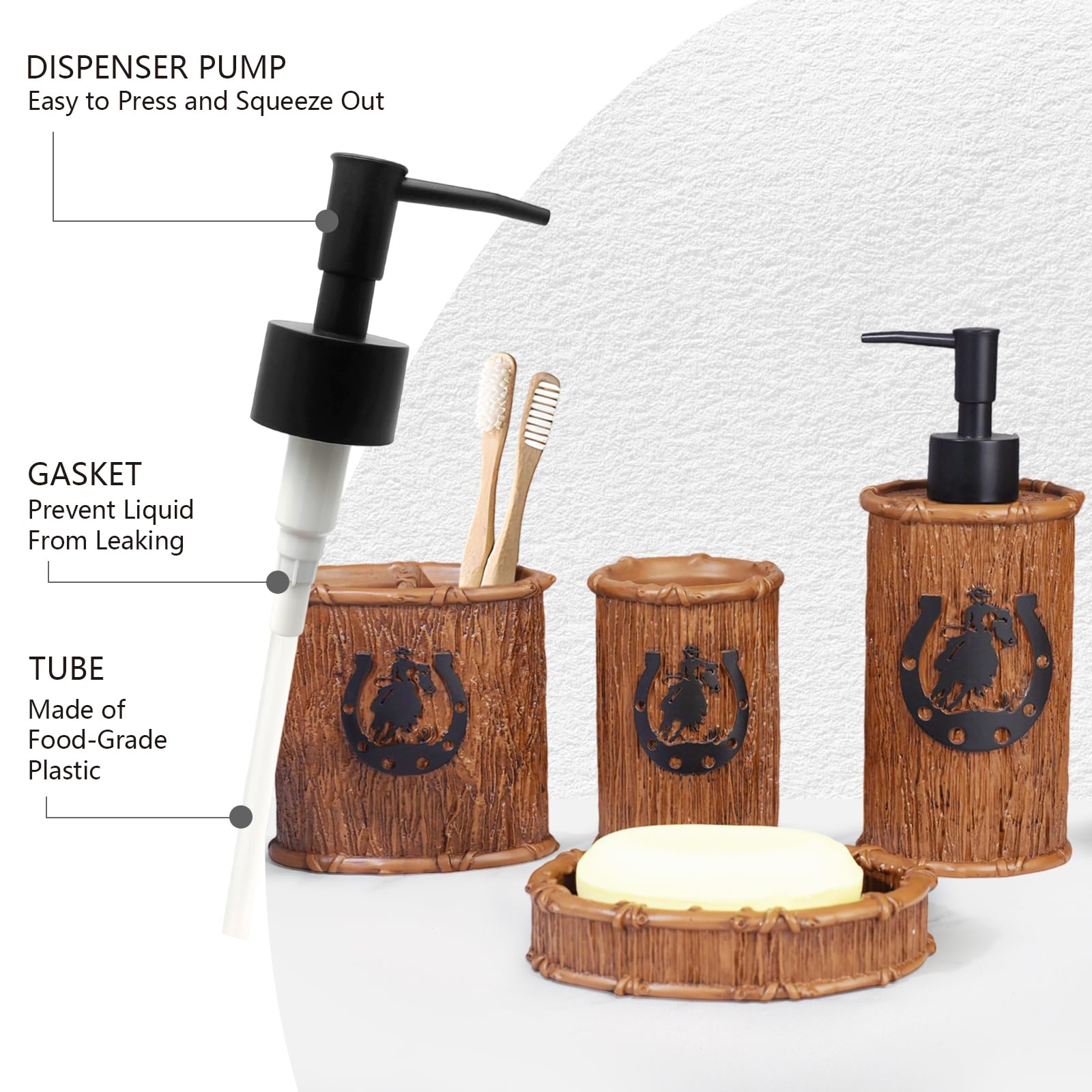 Bathroom Accessory Sets 4PCS Bathroom Accessories Set Complete Western Rustic Horseshoes Decoration Includes Lotion Dispenser Toothbrush Holder Tumbler Cup & Soal Dish