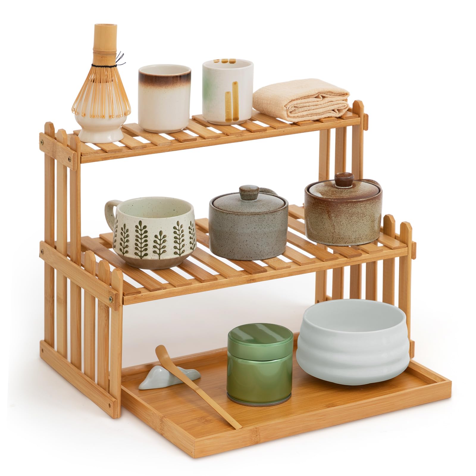Kathfly 14.6" 2-tier Matcha Station Shelf Stand with 13" Bamboo Matcha Tea Serving Tray Coffee Station Organizer Coffee Bar Storage Rack Mug Holder Countertop for Desktop Flower Pot Cup(Bamboo Color)
