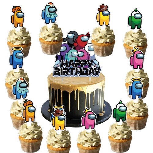 25Pcs Among Game Birthday Party Supplies Pack Includes 1 Cake Topper 24 Cupcake Toppers for Among Game Party Supplies