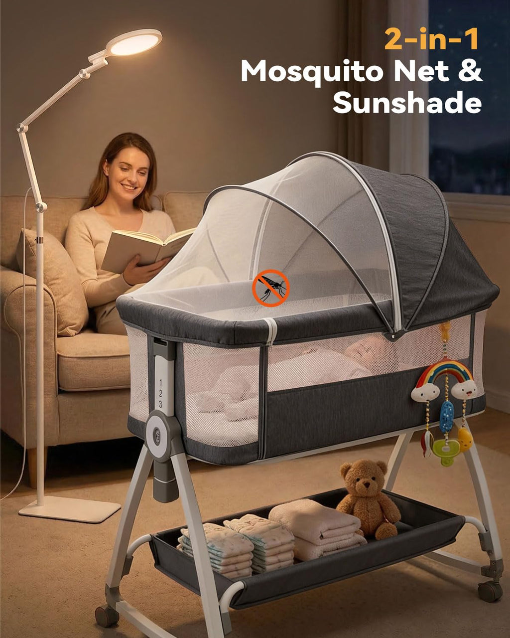 Madewell Living 4-in-1 Baby Bassinets Bedside Sleeper, Bedside Bassinet with Wheels, 6-Height Adjustable Bassinet with Soft Mattress, Mosquito Net, Soothing Toy for Newborns & Infants(Grey)