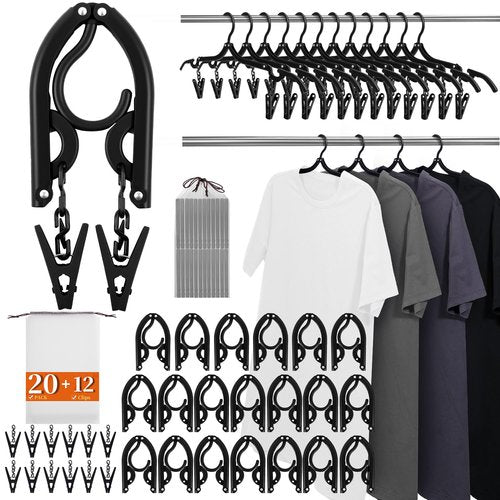 20 Pack Foldable Travel Hangers with 12 Clips - 2025 Cruise Essentials, Portable Collapsible Plastic Hangers-Travel Must Haves for Suitcase, Hotel, RV, Road Trip, Flying, Camping | Black
