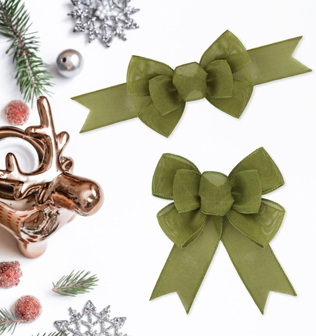 Meseey Sage Green Moss Wired Ribbon - 2 Pcs Handmade Burlap Bows for Wreaths & Gift Wrapping