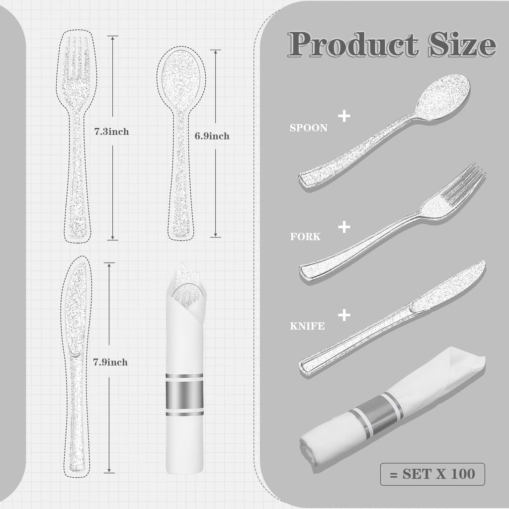 Zubebe 100 Pack Pre Rolled Silverware Set Disposable Wrapped Plastic Cutlery Set with Napkin Disposable Utensils Includes Forks Knives Spoons Napkins Wrapped for Party Dinners Wedding(Silver, White)
