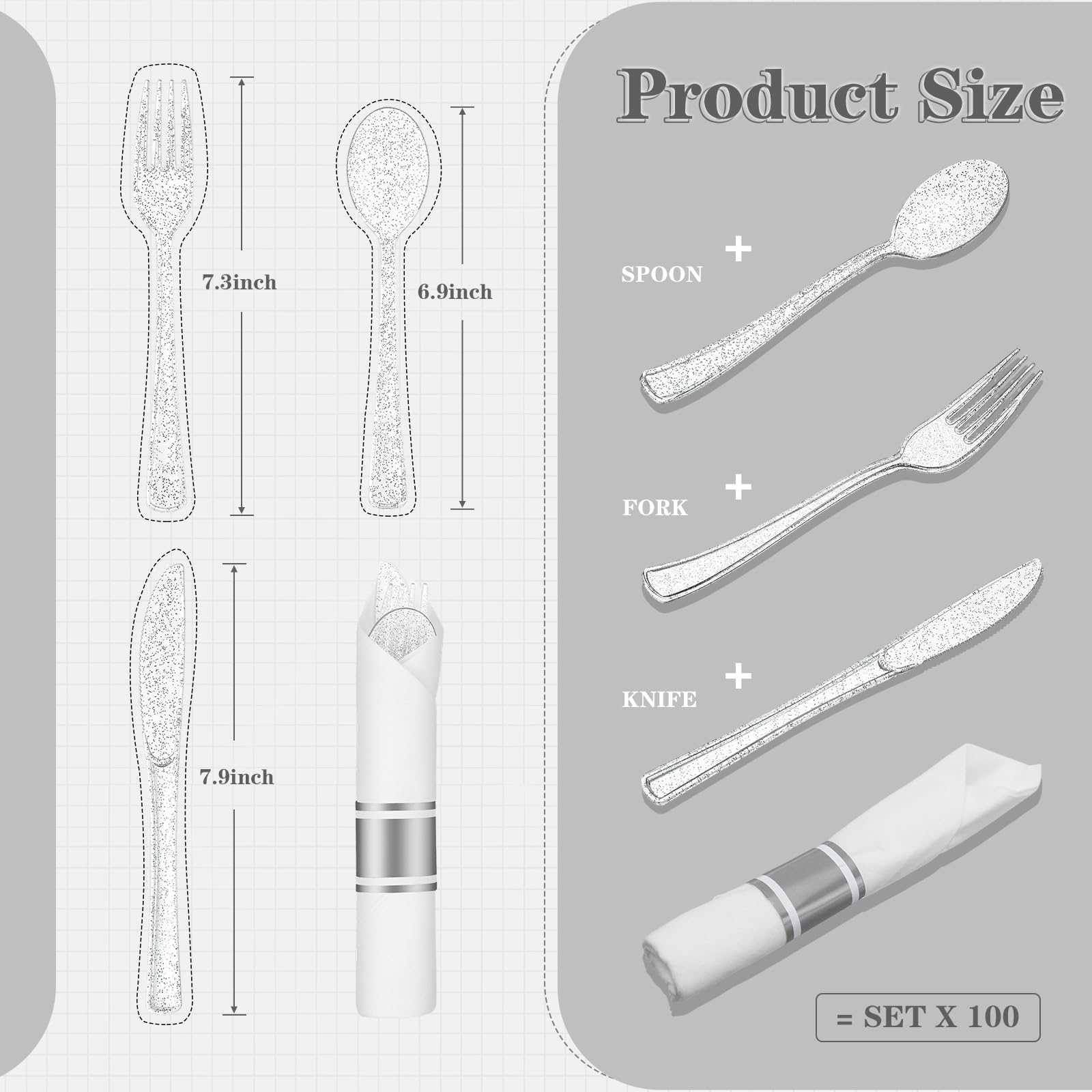 Zubebe 100 Pack Pre Rolled Silverware Set Disposable Wrapped Plastic Cutlery Set with Napkin Disposable Utensils Includes Forks Knives Spoons Napkins Wrapped for Party Dinners Wedding(Silver, White)