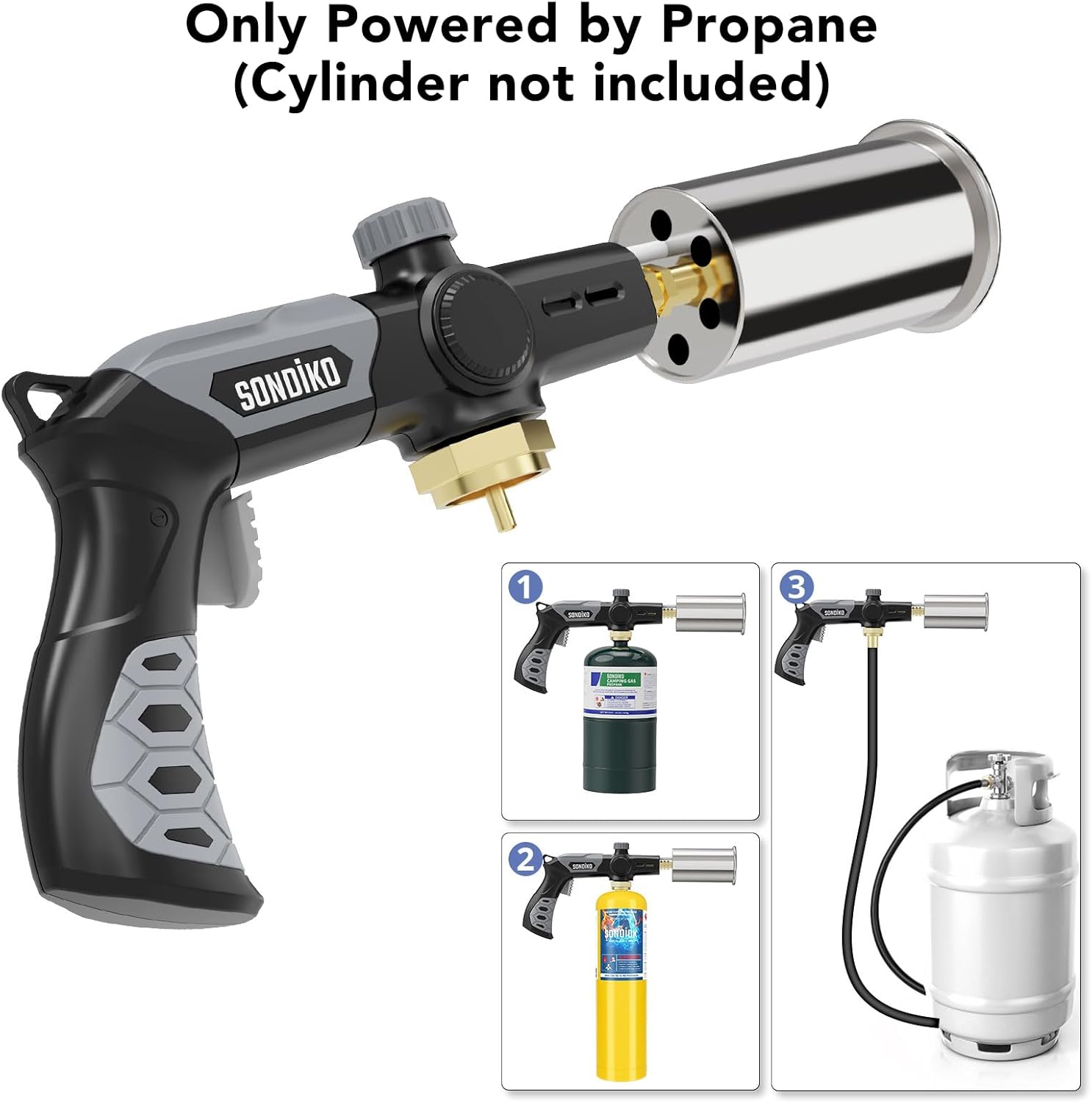 Sondiko Propane Torch - Powerful Adjustable Grill & Cooking Tool for Searing Steak | Black & Grey