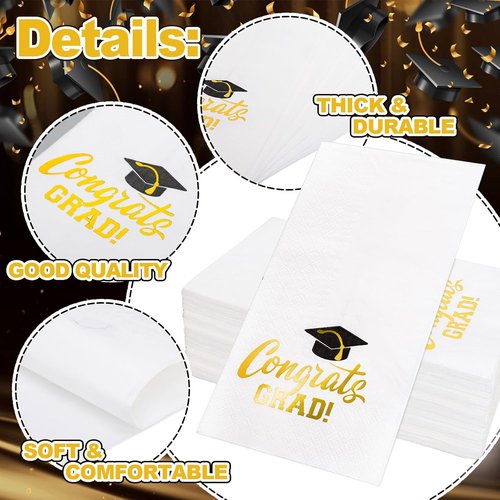 FYSUIMU Graduation Guest Napkins - 50 Pcs Gold Foil Congrats Grad Cap Design | Disposable Dinner Paper Towels