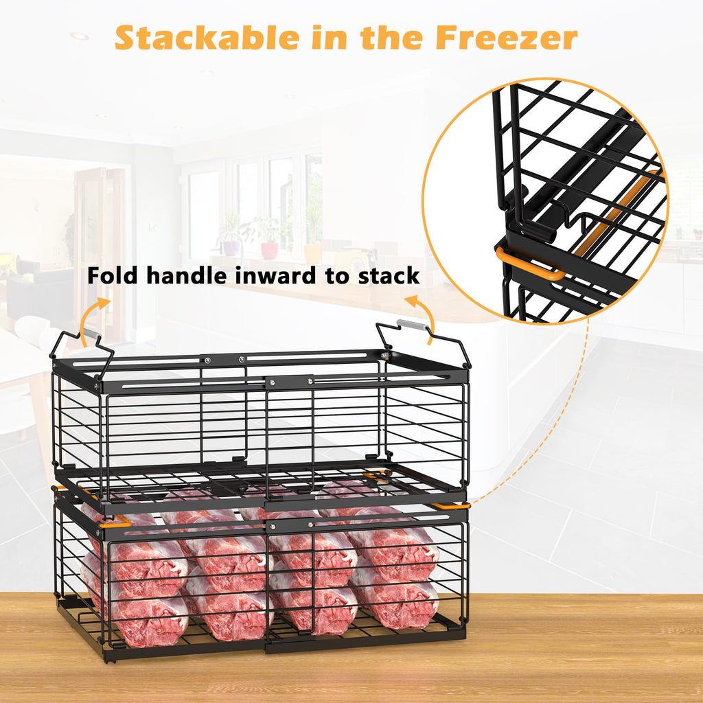 NADAMOO Freezer Organizer Bins, 4 Packs Large Expandable Stackable Chest Freezer Containers with Handle, Metal Adjustable Storage Baskets for Fridge, Deep Freezer, Cabinet, Kitchen, Pantry - Black