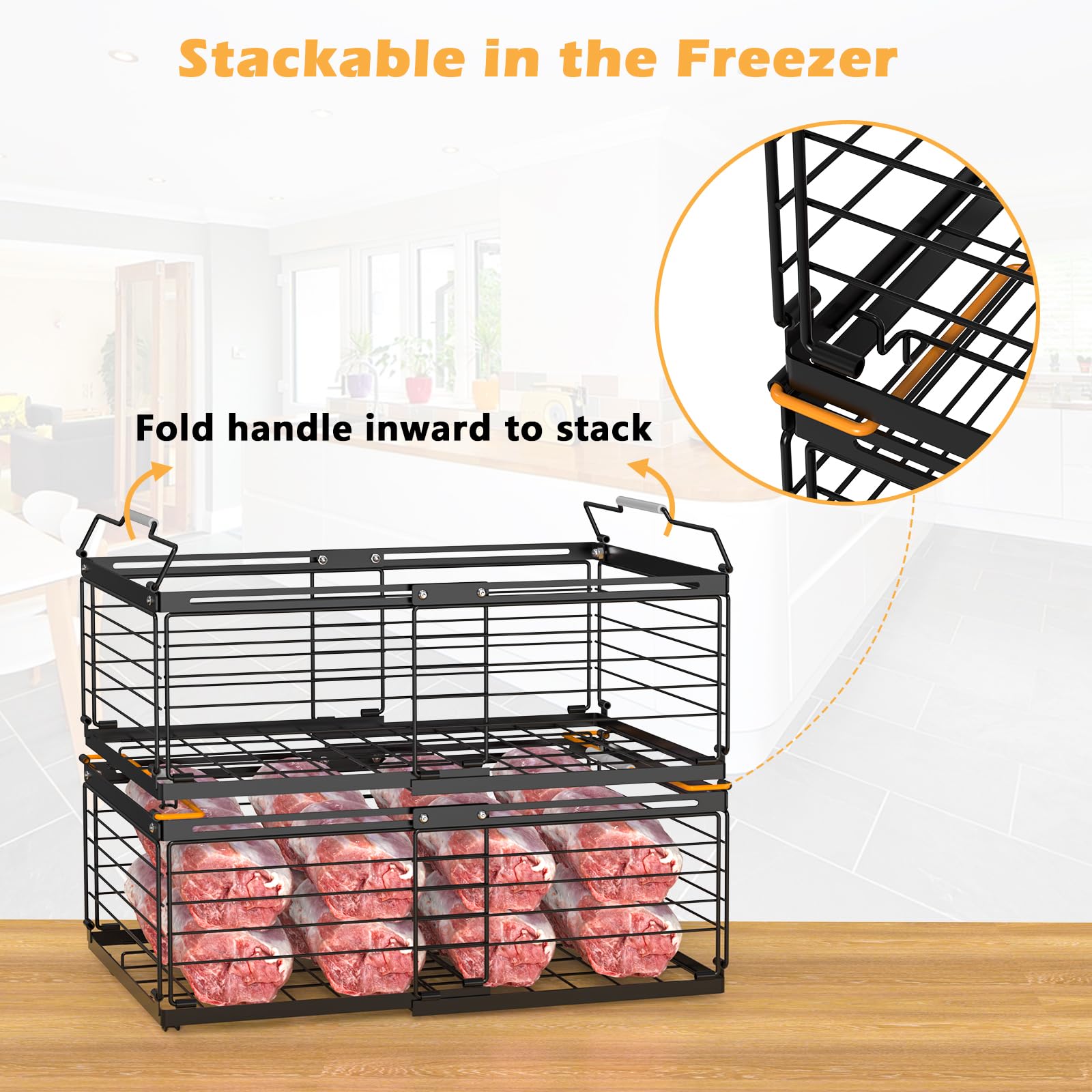 NADAMOO Freezer Organizer Bins, 4 Packs Large Expandable Stackable Chest Freezer Containers with Handle, Metal Adjustable Storage Baskets for Fridge, Deep Freezer, Cabinet, Kitchen, Pantry - Black