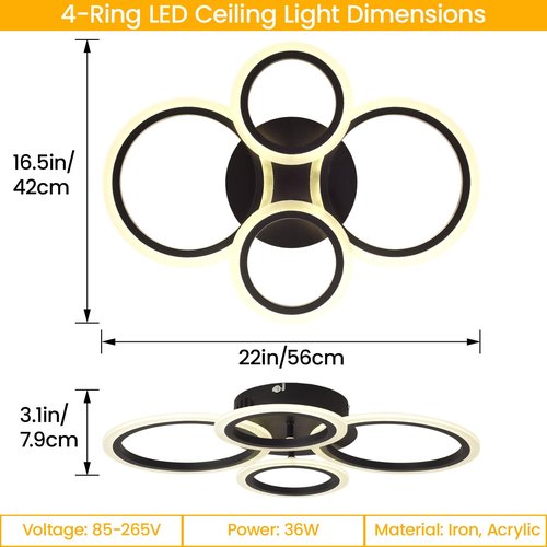 SYZXSP Modern LED Ceiling Light Fixture 22 inch 36W 3000LM 3000-6500K Dimmable with Remote Control Flush Mount Ceiling Light for Bedroom, Kitchen, Living Room, Dining Room (4 Ring, Black)