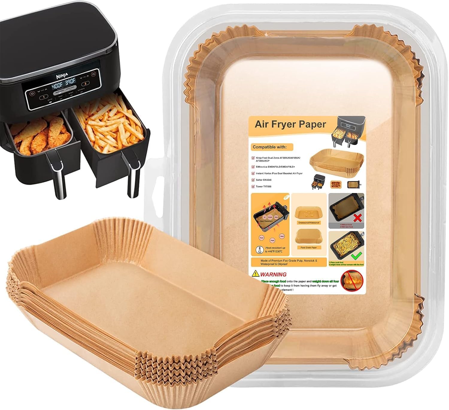 Ninja Air Fryer Liners - 100 Pcs Non-Stick Oil-Proof Parchment Paper (22x14.5cm), Brown
