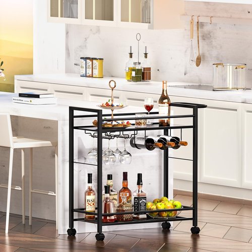 Joaxswe Bar Cart,Home Bar Serving Cart with Storage Shelves, 2 Tier Rolling Beverage Cart with Wheels, Modern Wine Cart with Wine Rack and Glass Holder for Kitchen, Living Room,Dinning Room,Black