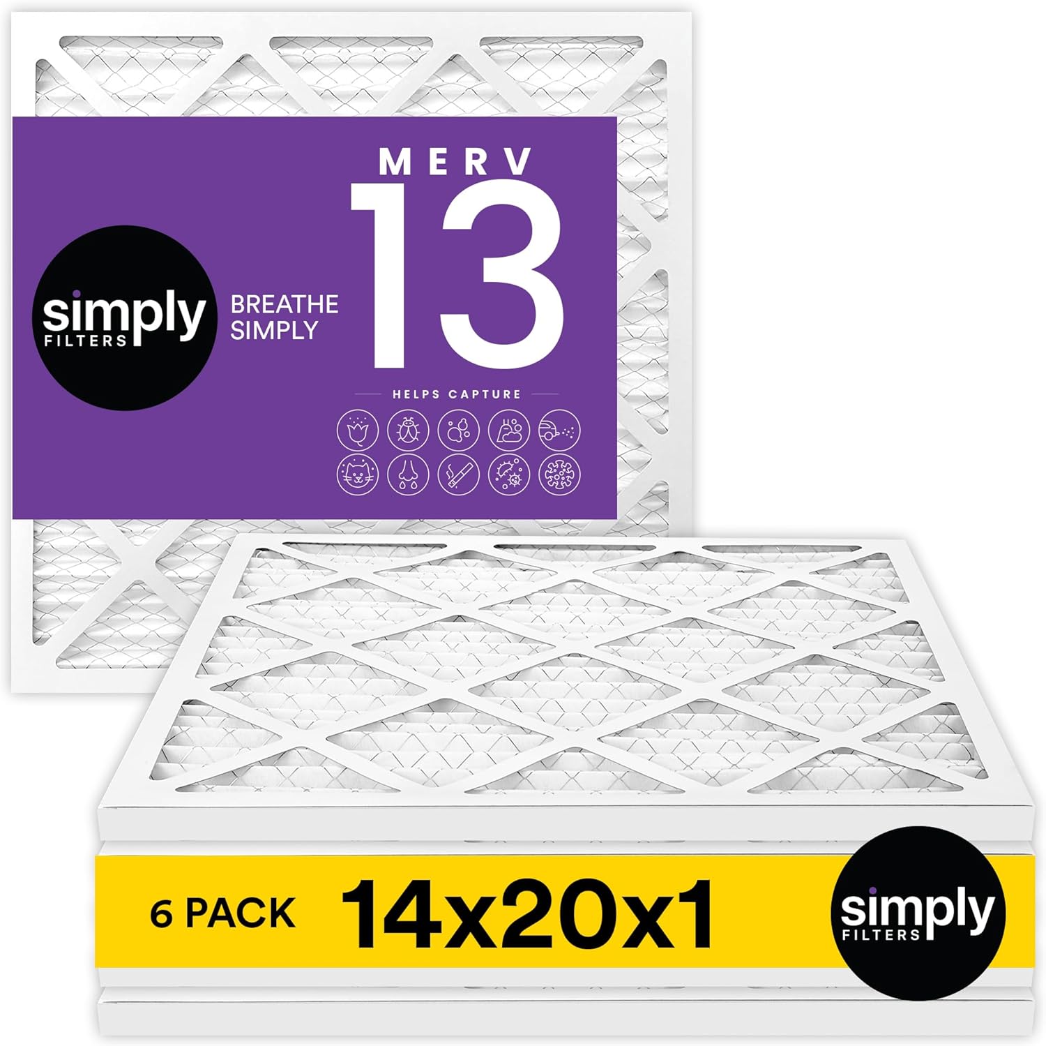 Simply 14x20x1 MERV 13 Air Filter - 6 Pack for Home AC & HVAC | Dust, Pet & Allergy Control