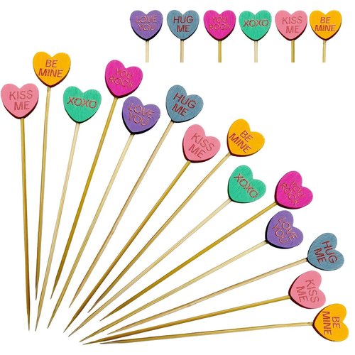 120 Pack Wooden Conversation Heart Cocktail Picks, 4.7 Inch Bamboo Appetizer Skewers for Valentine's Day Party Supplies, Charcuterie Boards, Drinks & Cake Toppers, 6 Pastel Colors