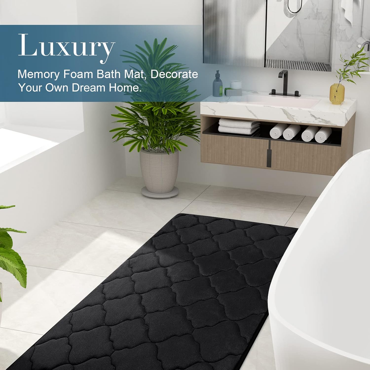 OLANLY Memory Foam Bath Mat - Ultra Soft, Absorbent & Non-Slip Rug | 24x16 Inches, Black
