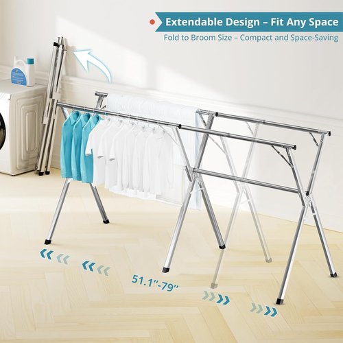 JAUREE Clothes Drying Rack - 79 Inches Heavy Duty Stainless Steel | Foldable Indoor/Outdoor with 20 Windproof Hooks