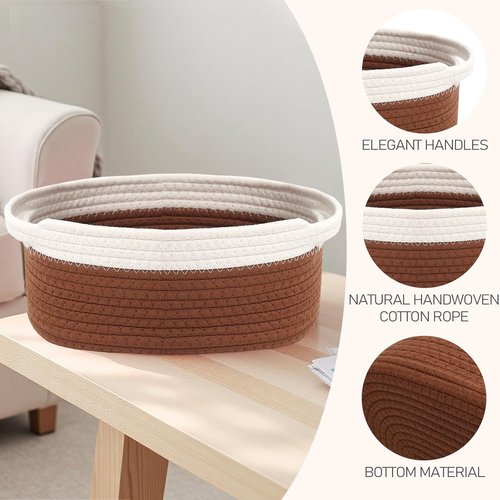 JMvicyroam Woven Storage Baskets - Small Rope Organizer with Handles | White & Brown - 3 Pack for Shelves & Closets