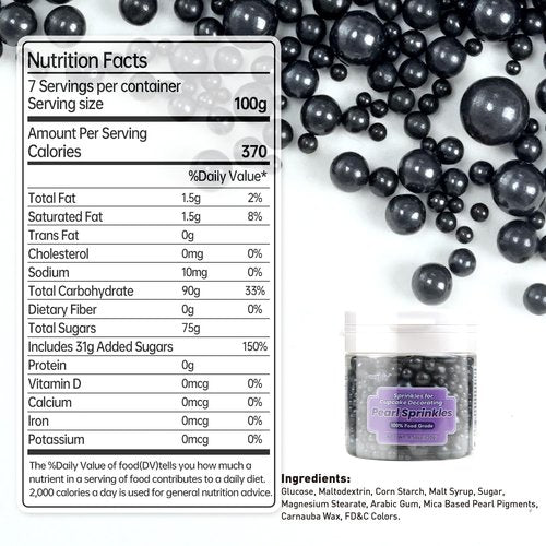 Dazzjoy Edible Black Sugar Sprinkles - Pearl Candy Toppers for Cake Decorating | 130g (4.58oz)