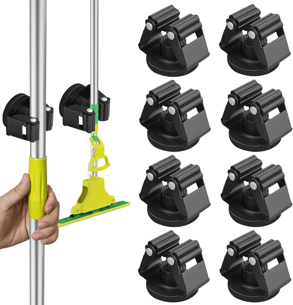 ULIBERMAGNET Magnetic Mop Broom Holder - Heavy-Duty Wall-Mounted Storage Rack | 8 Pack in Black