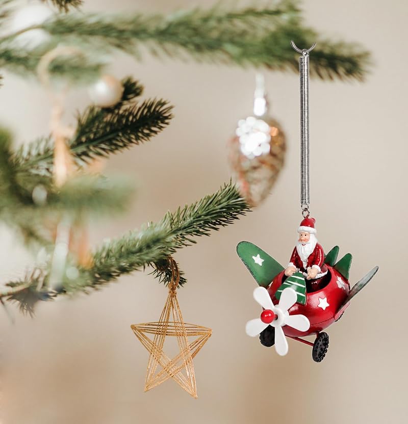 Santa in Airplane Christmas Ornament - Red Resin with Spring Hanger