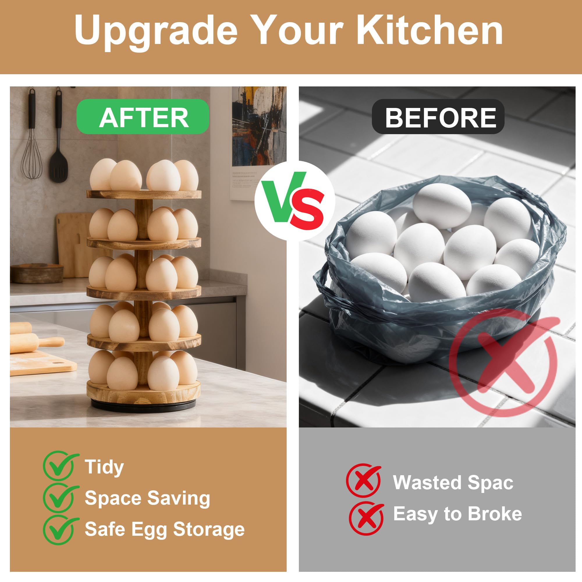 HOMELYSTBO Wooden Fresh Egg Holder Countertop, 5 Layer Rotating Countertop Egg Holder for Fresh Eggs, Stackable with 30 Eggs for Countertop Kitchen, Pine