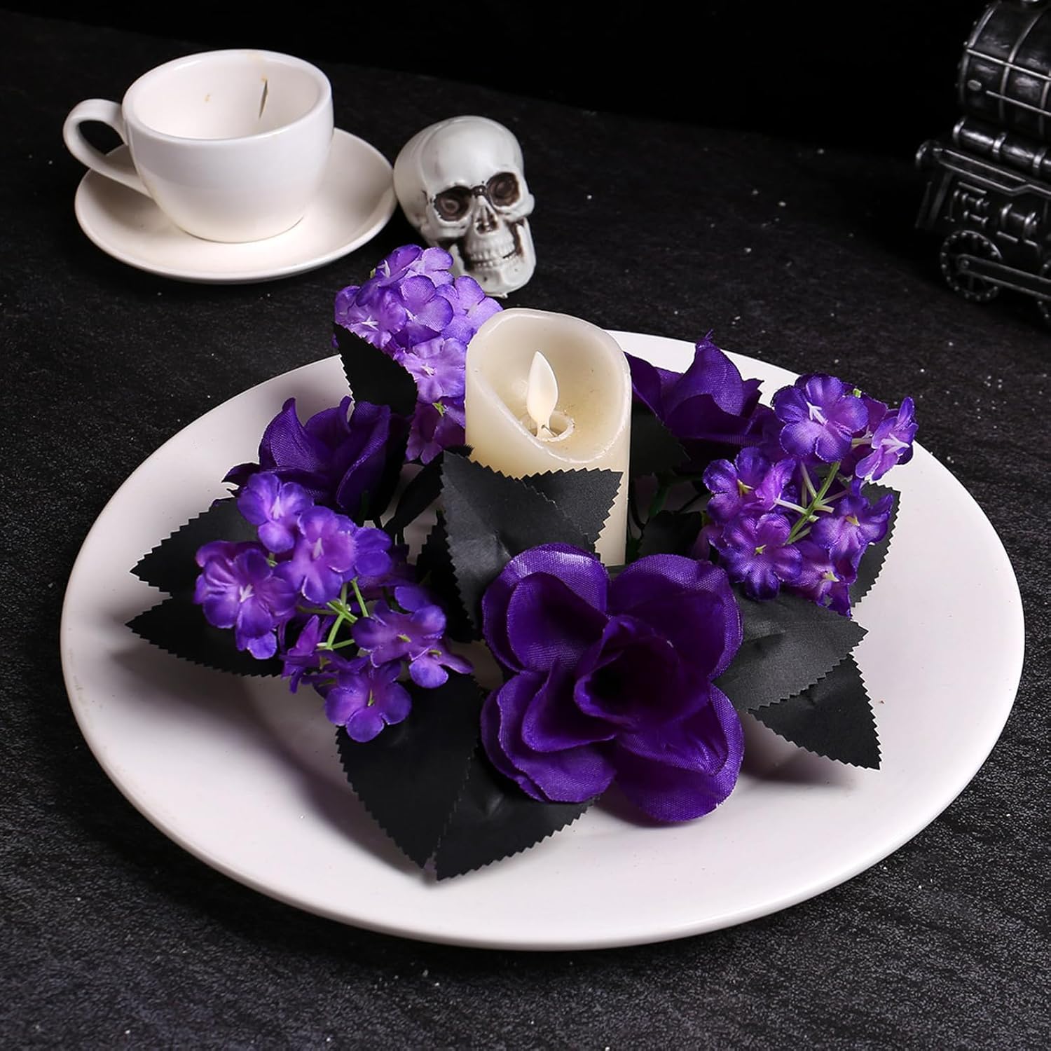 Regine Switzerland Gothic Halloween Candle Ring Wreath - Purple Roses & Black Leaves | 9.84 Inch Diameter Floral Centerpiece for Fall Decor
