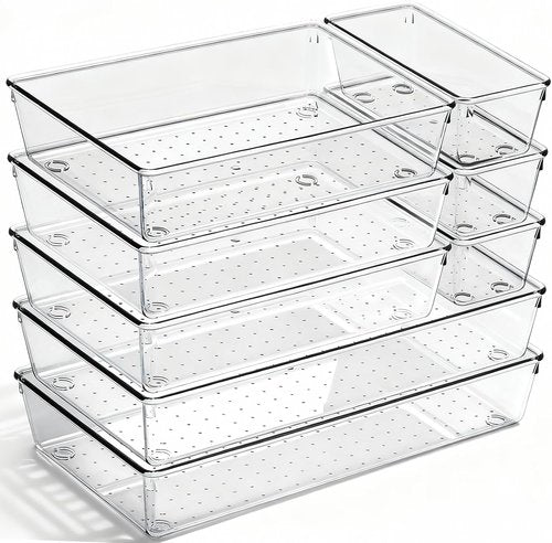 Clear Plastic Drawer Organizer Bins by Skiennix - 8 Pack Heavy Duty Storage Trays for Kitchen & Bathroom
