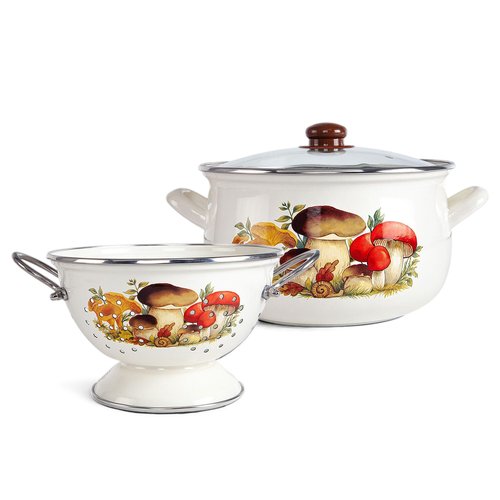 Enamel Aluminum Casserole & Colander Pasta Set with Complimentary Cotton Kitchen Towel & Spatula 1 pot, 1 glass lid, 1 colander (Mushrooms)