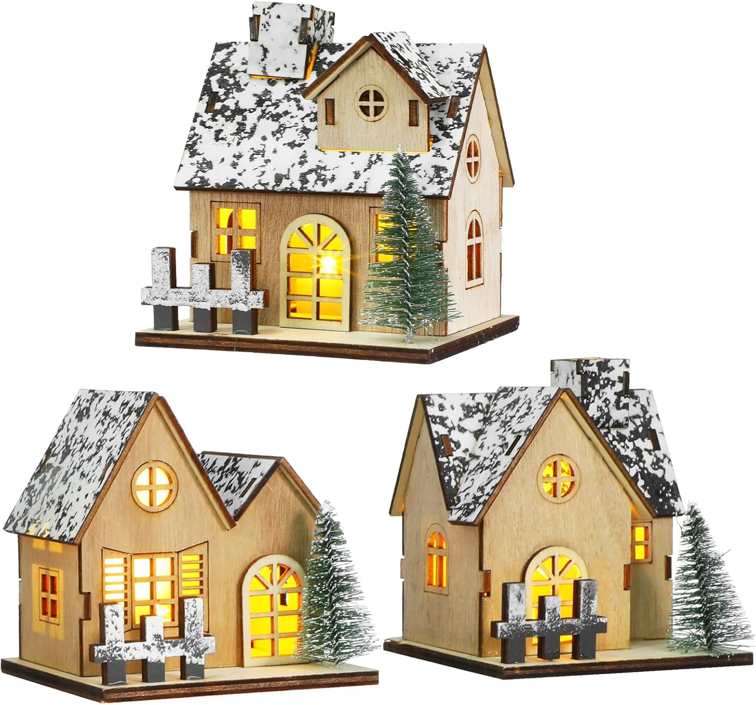 Toyvian Christmas Village Houses Set - 3 Pcs Wooden LED Lighted Ornaments for Table Decor (Brown)
