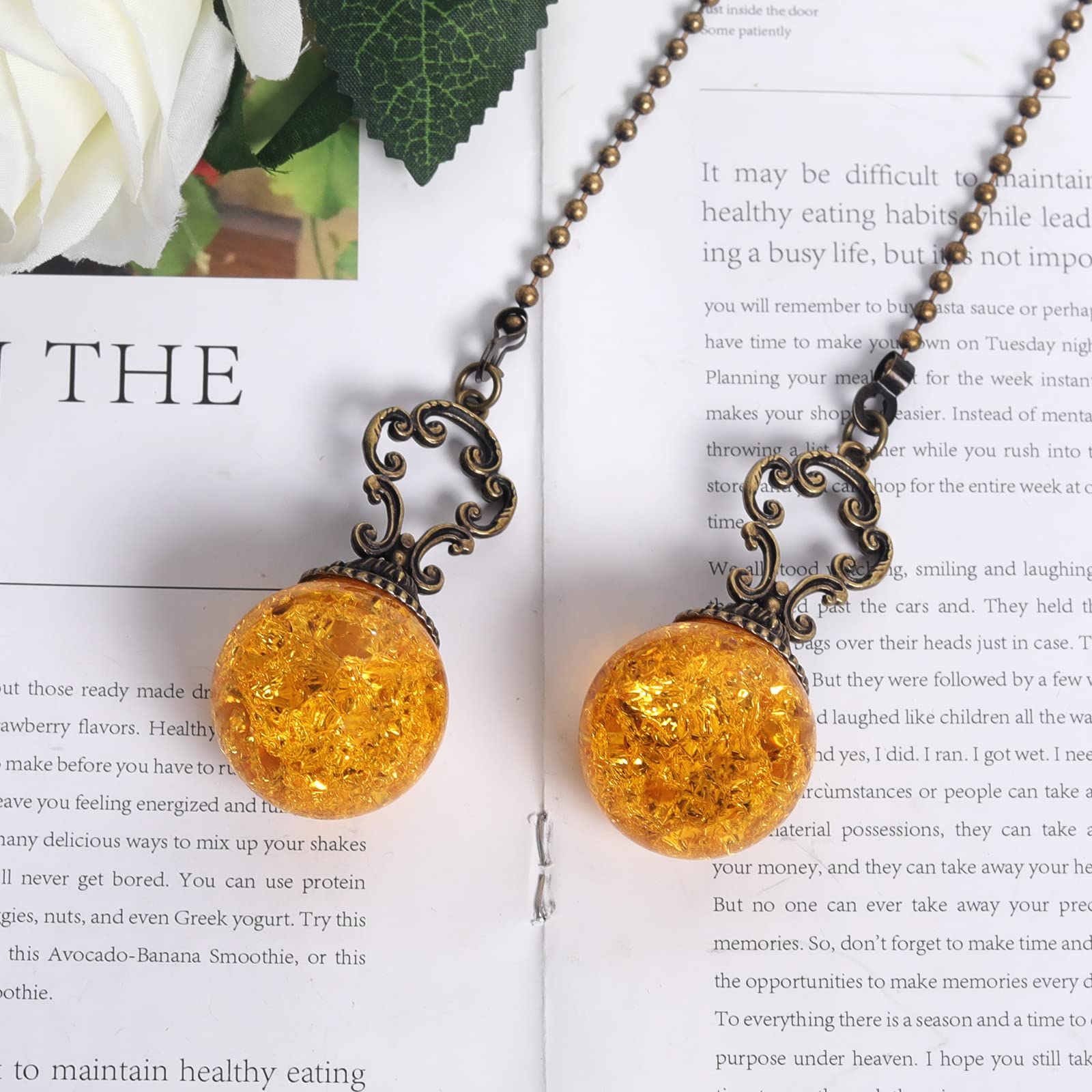 Amber Pull Chain Ceiling Fan Ornaments - 2 Pieces, 30CM Each Chain with Crystal Ice Cracked Ball