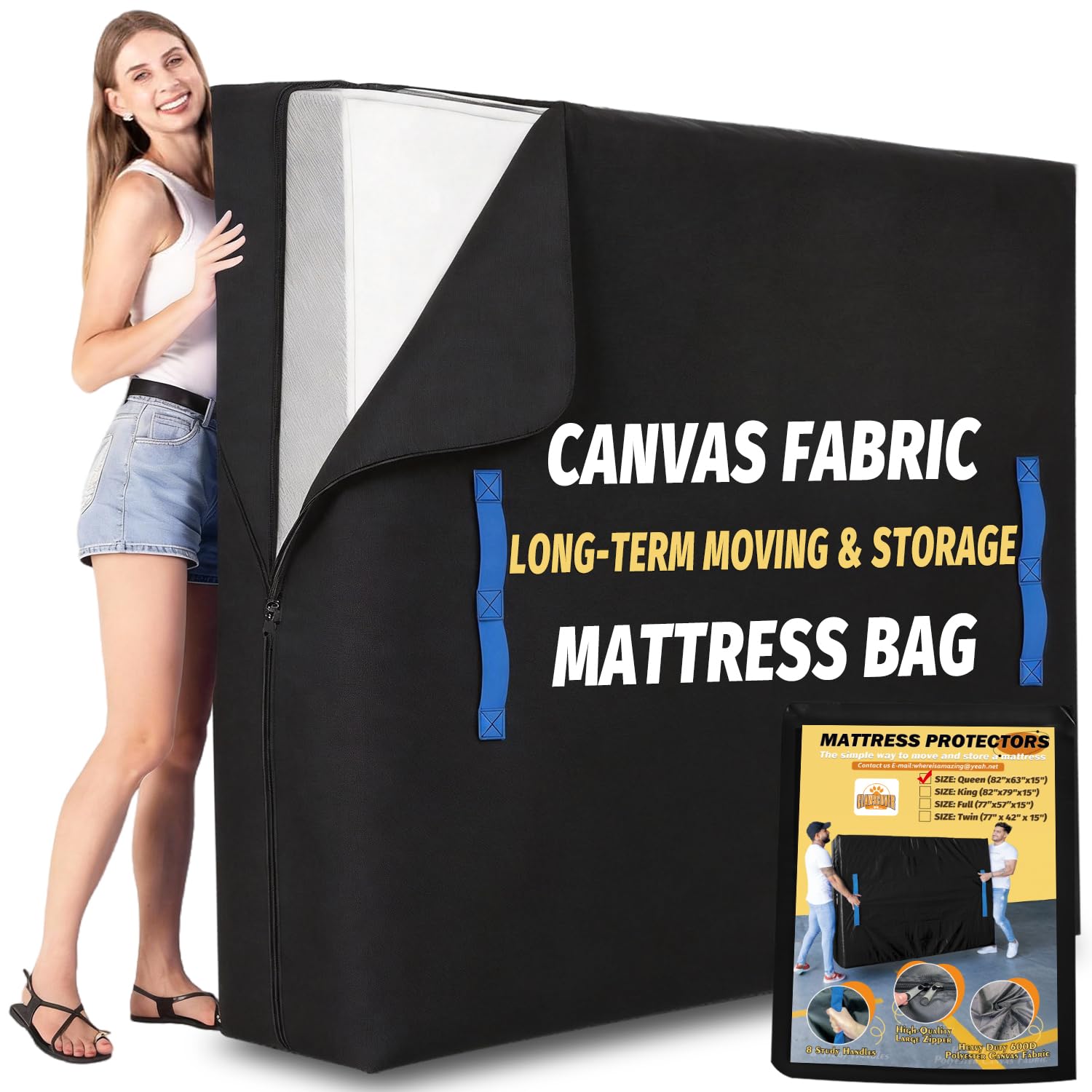 (Not Plastic,Not Polyethylene),Mattress Bags for Moving and Storage,Queen Size,8 Handles,Heavy Duty & Thicker Canvas 600D Polyester Cloth,Reusable Waterproof Mattress Protector Covers,Strong Zipper
