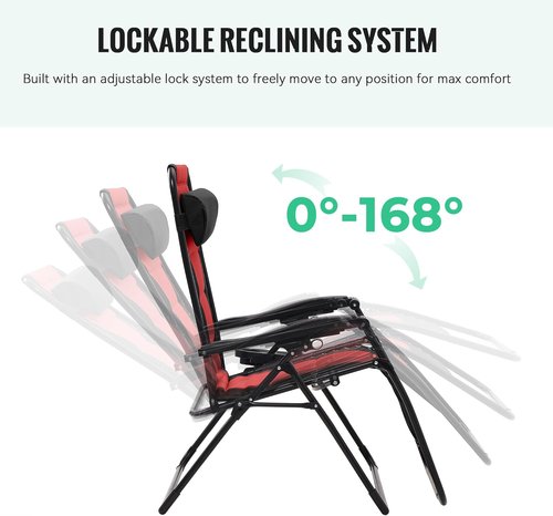 JEAREY Oversized Padded Zero Gravity Chair - Comfortable Folding Lounge Recliner with Headrest & Cup Holder | Black/Red