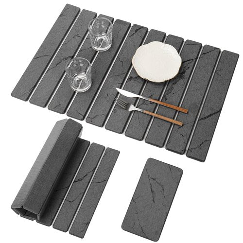 2 PCS Large Stone Dish Drying Mat for Kitchen Counter, Marbled Quick Dry Stone Dish Mats, Diatomaceous Earth Drying Pad, Foldable and Super Absorbent Dish Drying Stone Mat (Dark Gray 24"×16" & 8"×4")
