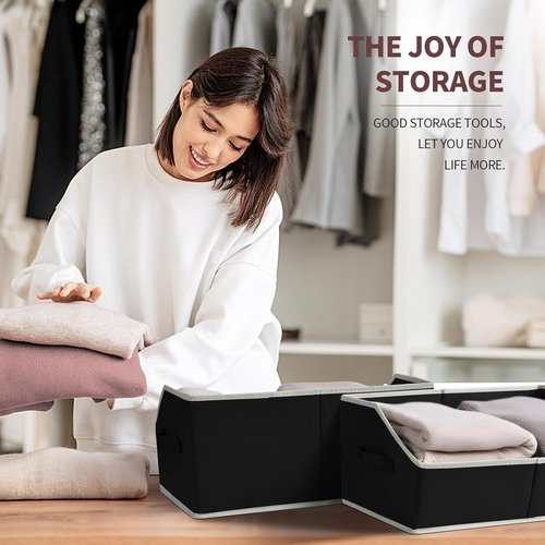 Homsorout Storage Baskets - Decorative Trapezoid Cube Organizer Bins with Handles | Large Black 4-Pack for Home & Office