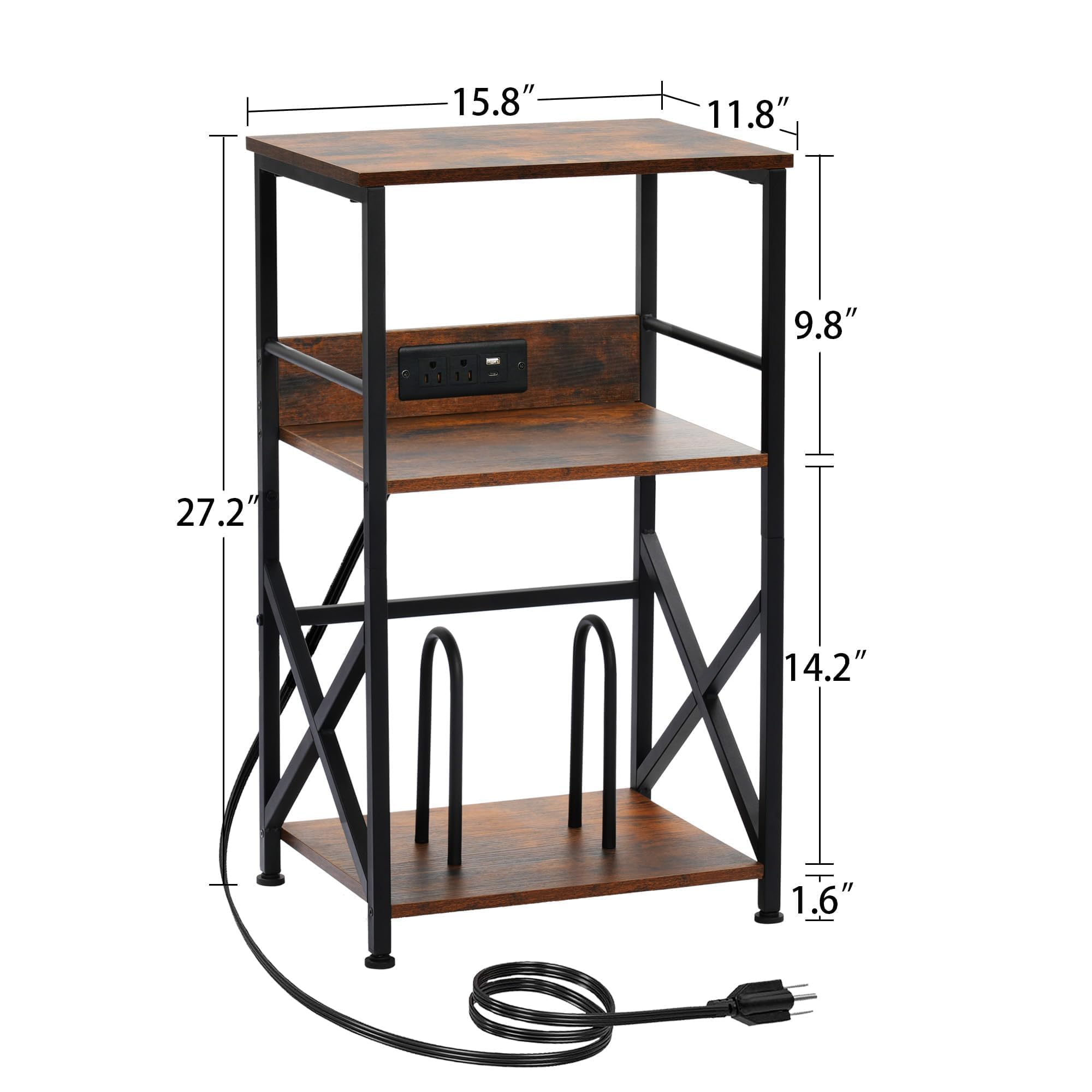 DALEMHOME Record Player Stand with Charging Station, 3-Tier Side Table for 100 Vinyl Storage, End Table for Living Room, Bedroom, Rustic Brown HKET1001BR
