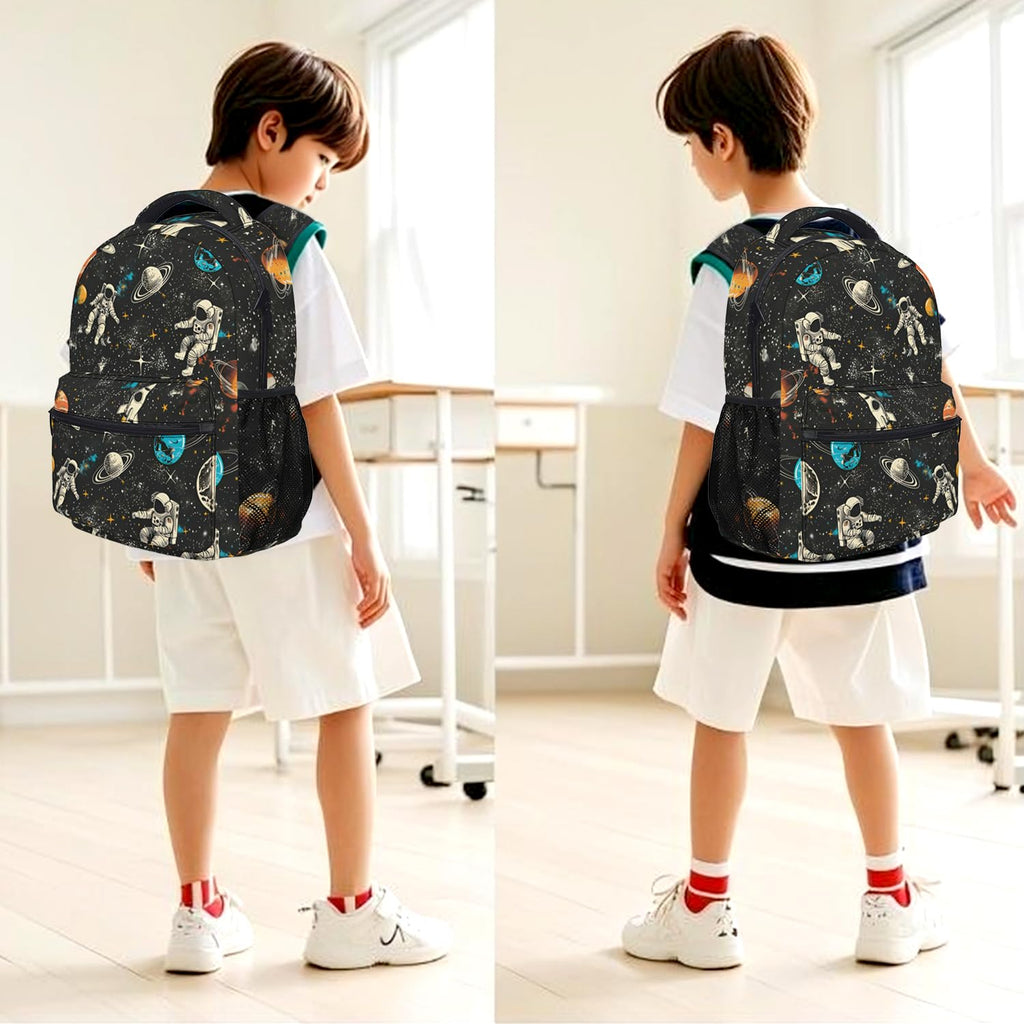 Jollitot Space Backpack for Boys with Insulated Lunch Box Pencil Case (3 Set), 17 Inch Large Lightweight School Bookbag for Elementary Middle School Kids, Waterproof Astronaut Travel Daypack (Black)