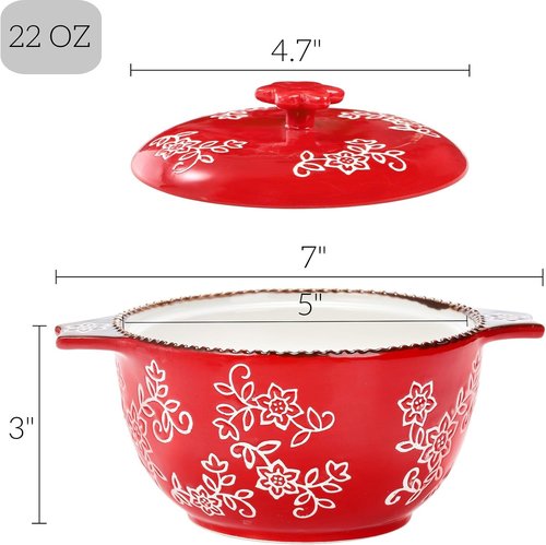 AVLA Ceramic Soup Bowls - 22 OZ French Onion Crocks with Lid & Double Handles | Mini Casserole Set