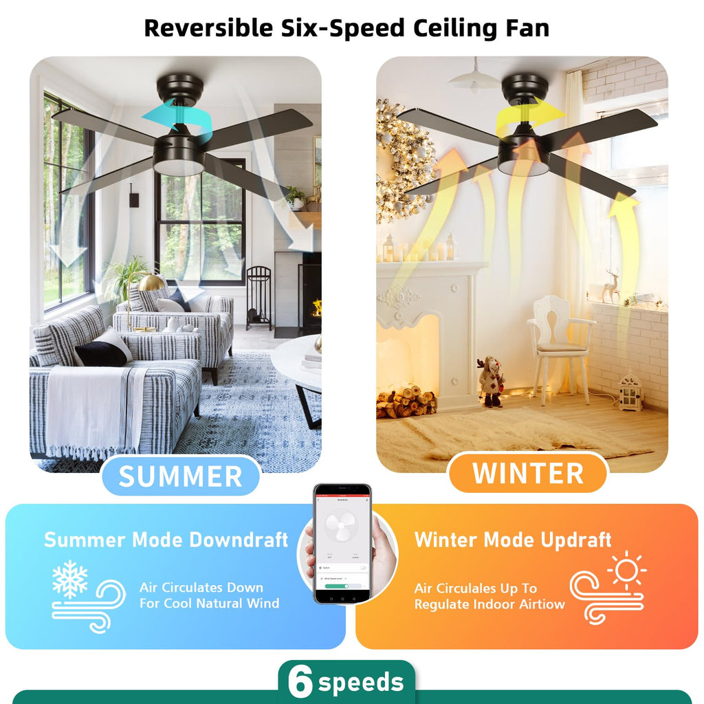 YITAHOME 48 Inch Black Ceiling Fan with Lights and Remote,4 Blades, App Control, Modern Smart Ceiling Fan Compatible with Alexa for Indoor, Reversible Quiet Motor, Memory Function