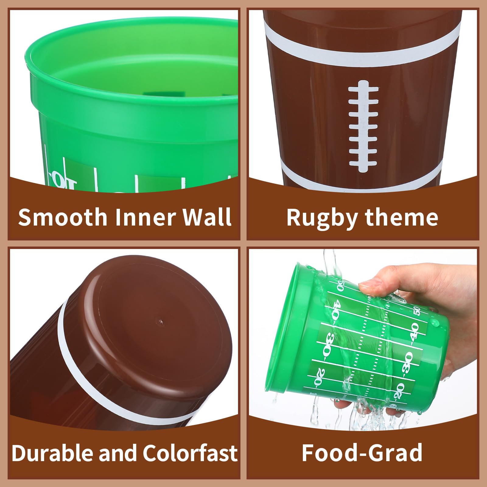 Tioncy 24 Pack Football Plastic Cups 16 oz Football Theme Reusable Cups 4 Designs Plastic Drinking Glass Bulk Assorted Sports Rugby Party Supply Drinkware for Coffee Beer Cream Snacks