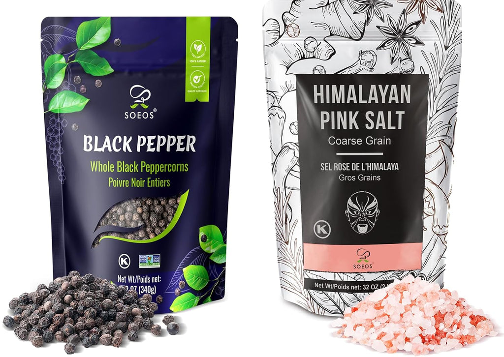 Soeos Whole Black Peppercorns & Himalayan Pink Salt Set - 12oz Black Pepper & 2lb Pink Salt
