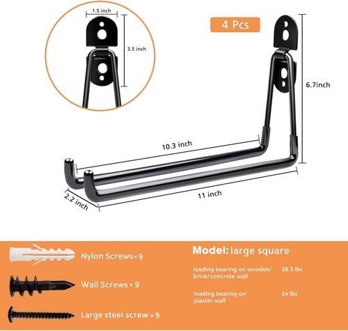Heavy Duty Garage Hooks by [Brand Name] - 11 Inch Wall Mount Storage Hanger | 4 Pack for Tools, Ladders & More