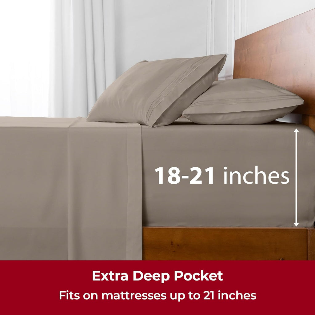 Mellanni Extra Deep California King Sheets - Hotel Luxury, Ultra Soft & Cooling - 4 PC Tan Set