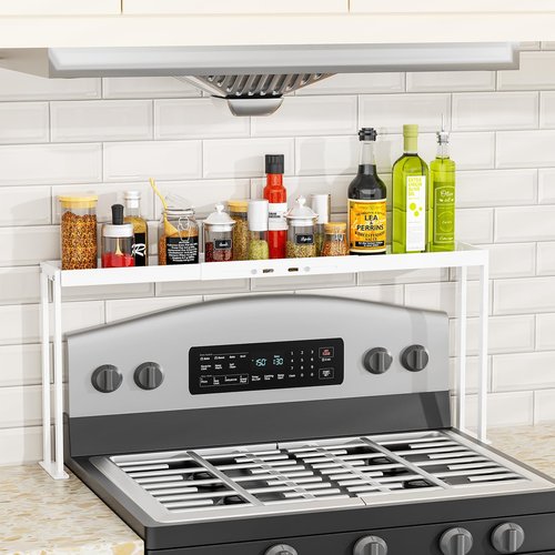 ZDDLOINP Stove Top Shelf for Curved Stove, Expand 27 to 33 Inch Spice Rack, 4 Level Adjustable Height Spice Shelf, Over the Stove Shelf for Back of Stove Spice Rack Organizer for Countertop, White