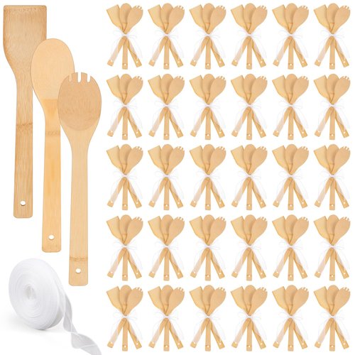 Reallnaive 108 Pcs Bamboo Spatula Wooden Kitchen Utensil Bulk 12''wood Spoon Spatula for Cooking with Ribbon Bridal Baby Shower Game Prize Wedding Party Favors Housewarming Gift (Natural Style)