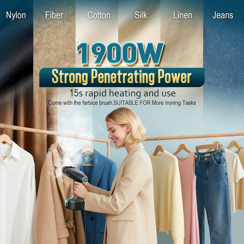 Skiennix Handheld Clothes Steamer - 1900W Portable Fabric Steamer with 3 Settings & 300ml Capacity