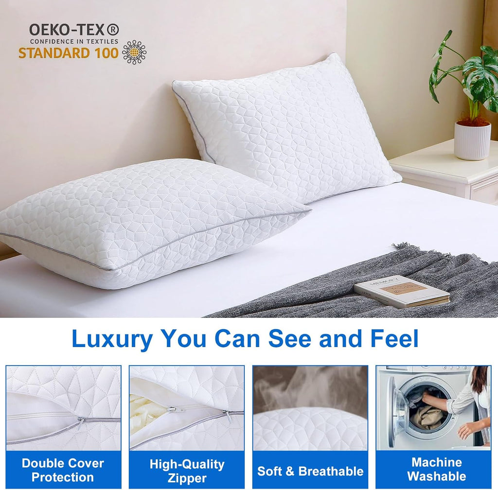 Skiennix Cooling Pillows | Queen Size Set of 2 | Shredded Memory Foam for Hot Sleepers | 20" x 30", White