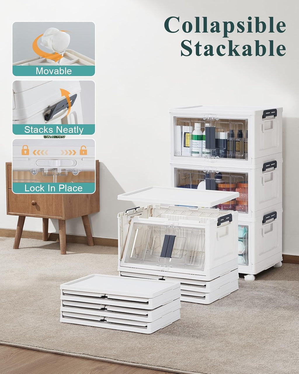 OlarHike 23QT Stackable Storage Bins - Collapsible Plastic Boxes with Lids & Wheels | 3-Pack for Easy Organization